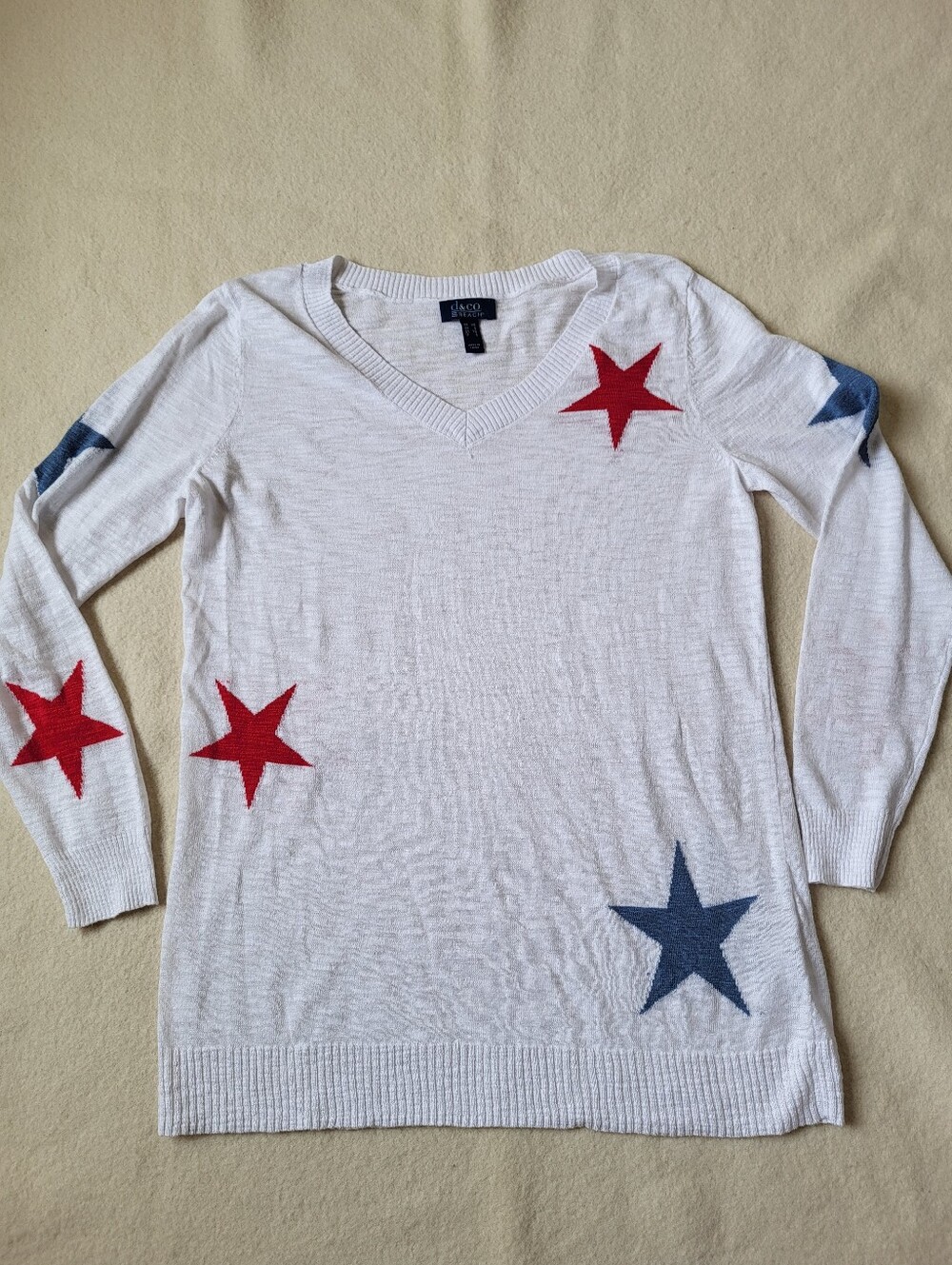 Red White & Blue Star Long-sleeved Top Women's Size XS Lightweight Cotton Knit